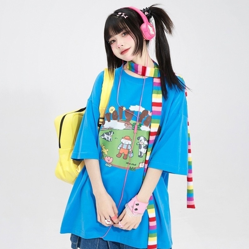 Farming Japan - Y2K 美的オーバーサイズ Tシャツスウィートガールズブルー漫画ファームプリント原宿学生ルーズ半袖かわいいストリートウェアトップ