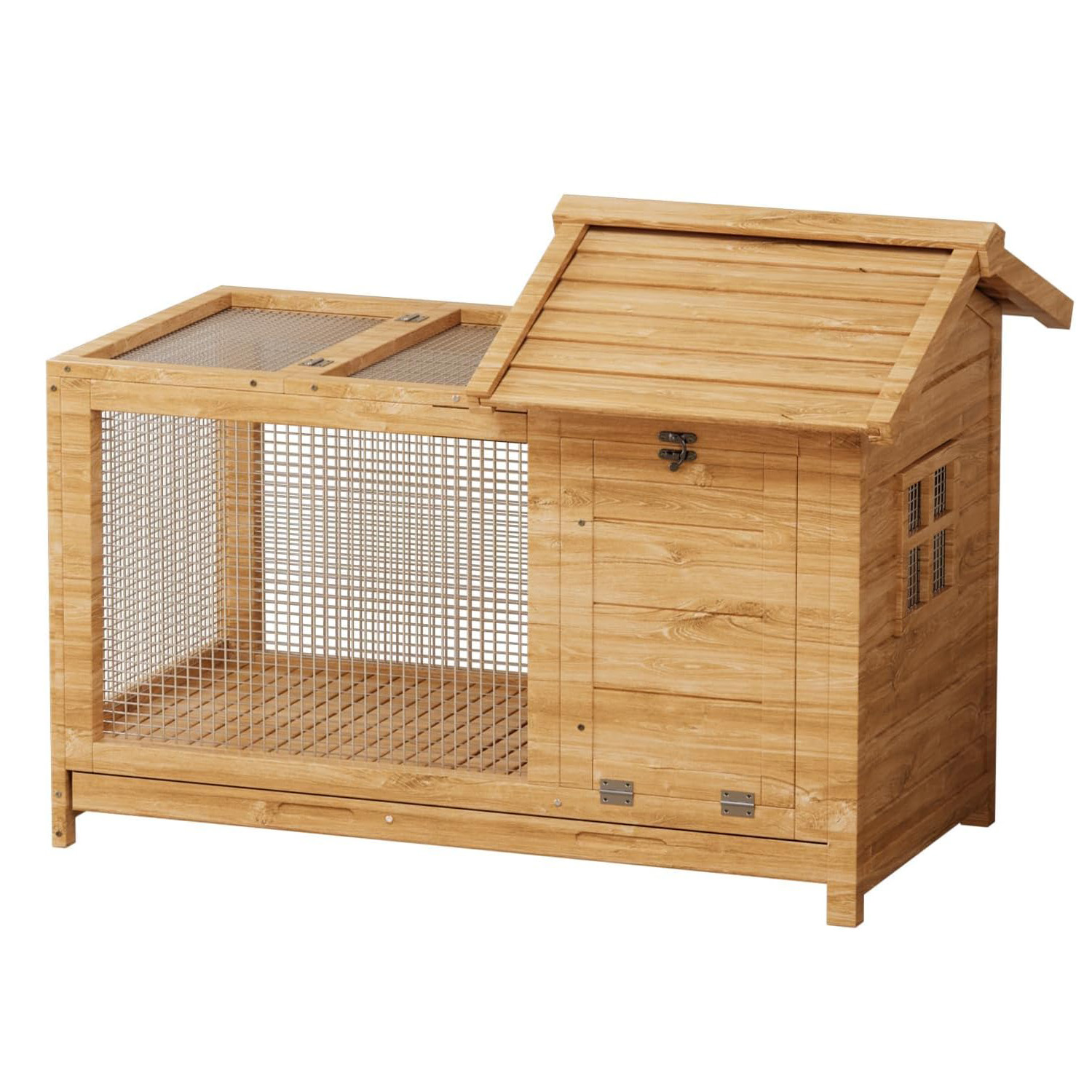 Rabbit Cage Wire - 木製ウサギ小屋 室内・屋外兼用、取り外し可能なワイヤーネット付きウサギケージ、耐候性のあるウサギケージ、噛みつき防止メタルフレームランプ付き、小動物用、ナチュラル